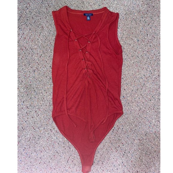 Burgundy Lace-up Bodysuit size small - Picture 2 of 3